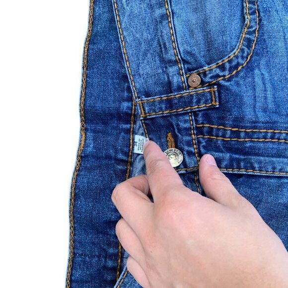 VINTAGE True Religion Jean Shorts Size 34 Orange Stitch SLIM Blue - Picture 2 of 7